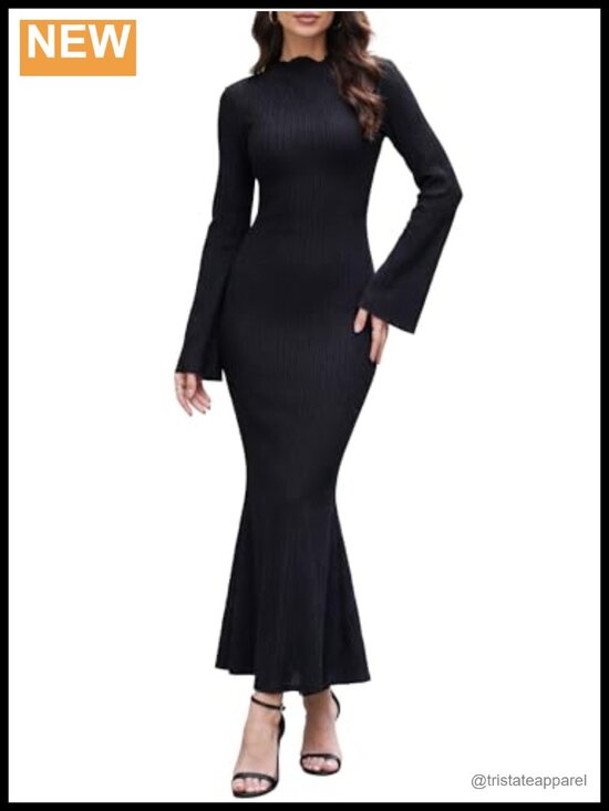 Dresses & Skirts - Women Long Sleeve Maxi Dress Ribbed Knit Bodycon Flare Sleeve Crew Neck Fitted